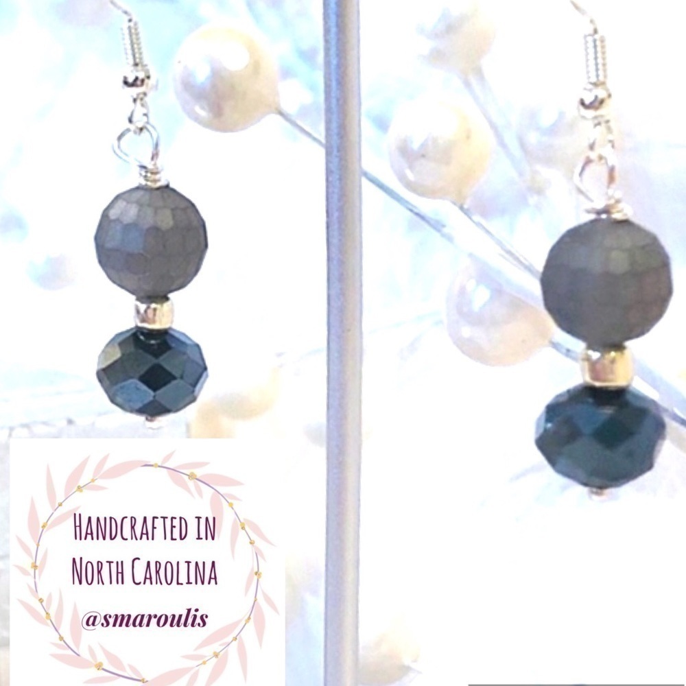 Sterling Silver Earrings Matte Grey Genuine Crystal Modern Chic French Chic - Picture 2 of 13